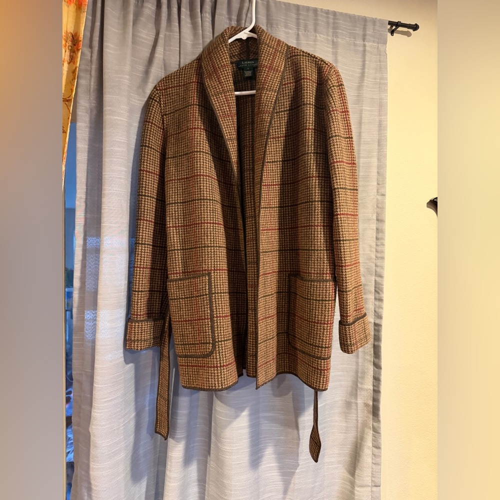 Vintage Wool Ralph Lauren Brown and Tan Houndstooth Plaid Coatigan Size Small